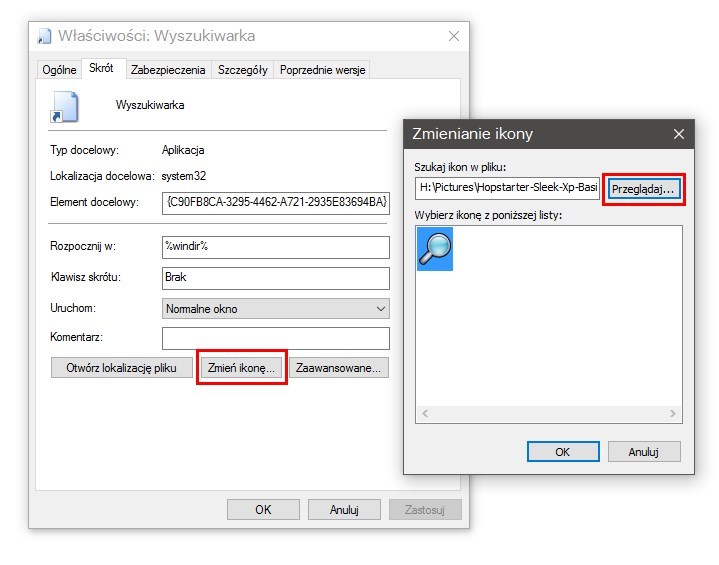 Zmiana ikony skrótu