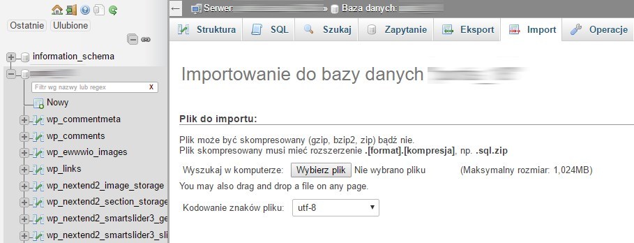 phpMyAdmin - importowanie bazy danych