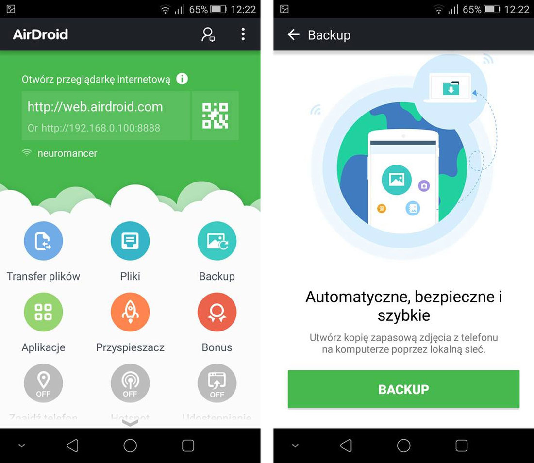 AirDroid - konfiguracja backupu