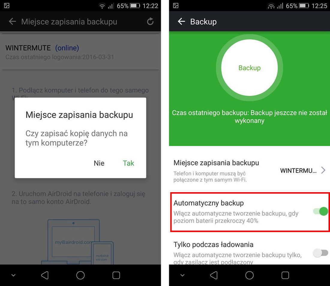 AirDroid - wybór miejsca backupu i opcja automatycznej kopii zapasowej