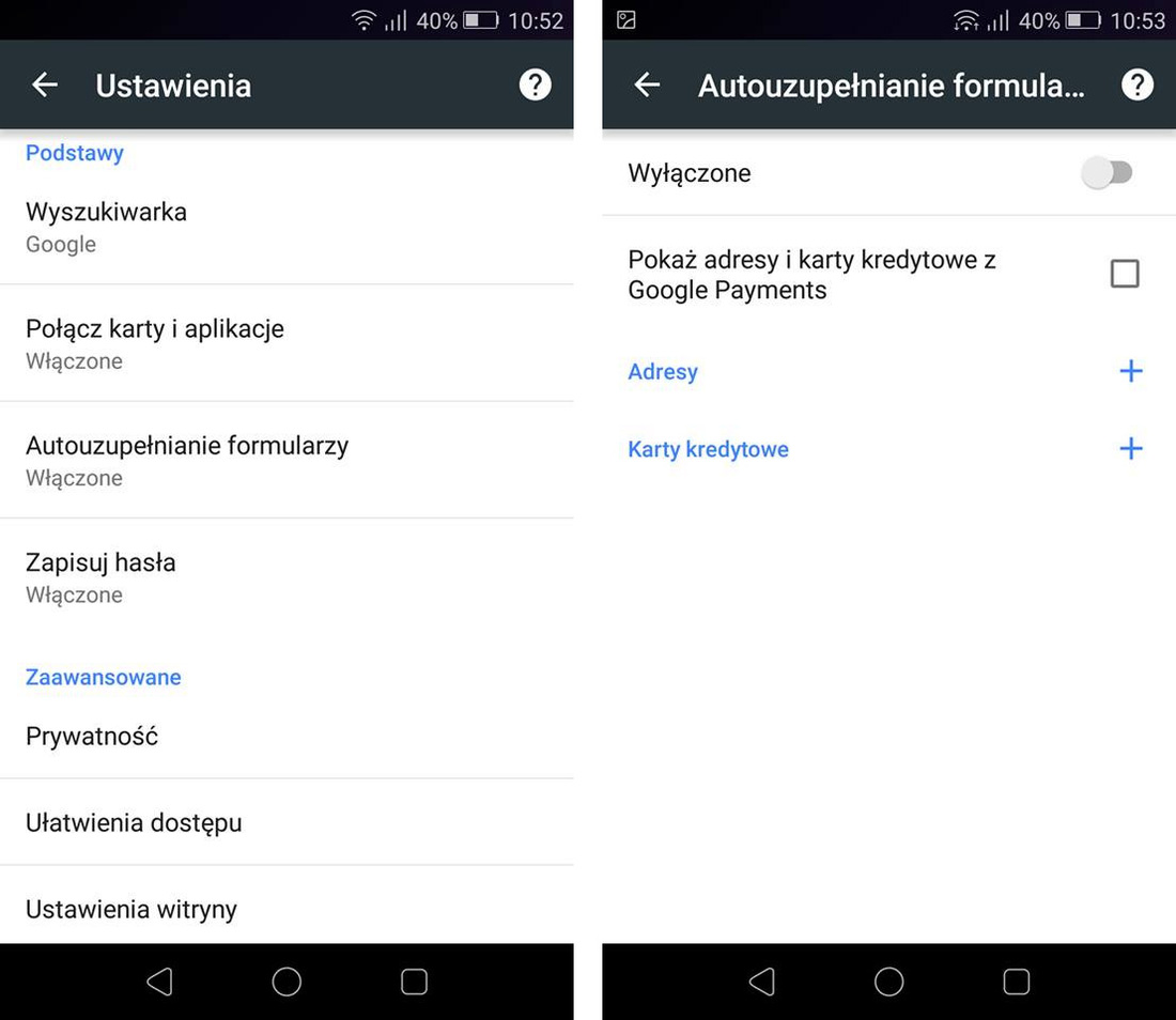 Wyłączanie autouzupełniania w mobilnym Chrome