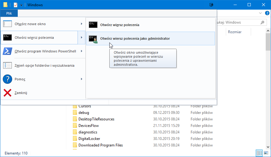 Uruchamiania wiersza polecenia z poziomu menu Eksploratora