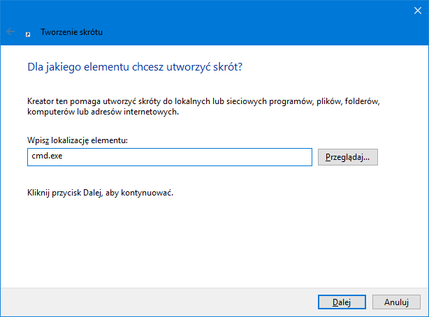 Tworzenie skrótu do Wiersza polecenia