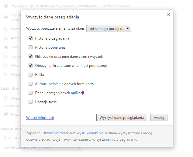 Chrome - wyczyść dane przeglądania