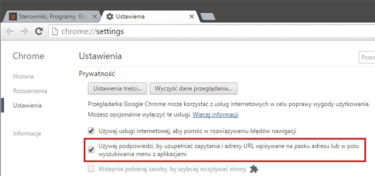 Wyłączanie podpowiedzi w Chrome (Windows)