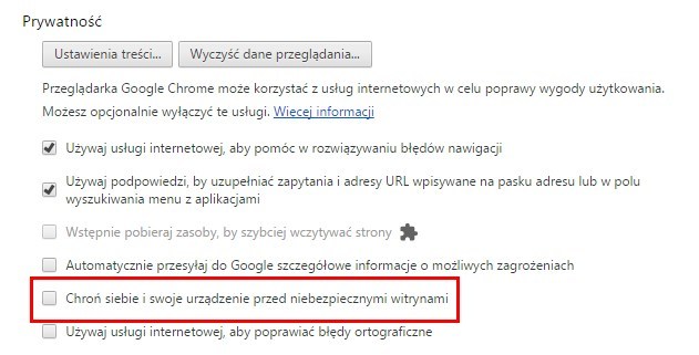 Chrome - wyłączanie opcji Safe Browsing