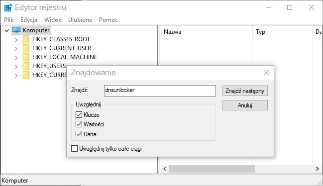 Wyszukiwanie zmian z DNS Unlocker w Edytorze rejestru