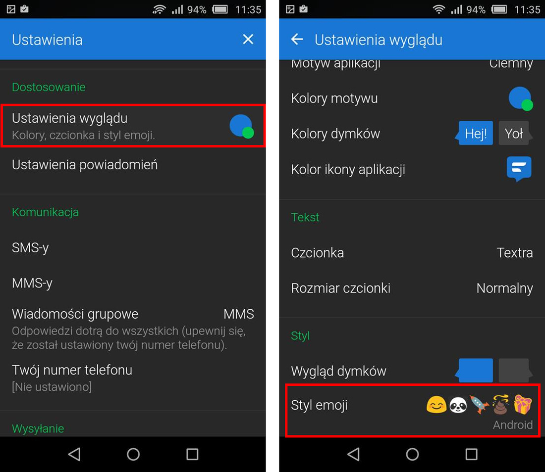 Ustawienia wyglądu Textra SMS