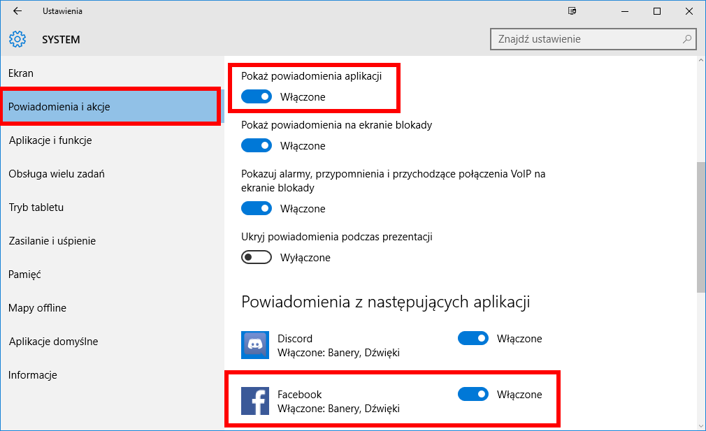 Ustawienia powiadomień w Windows 10