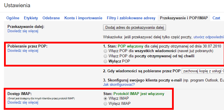 Ustawienia konta Gmail