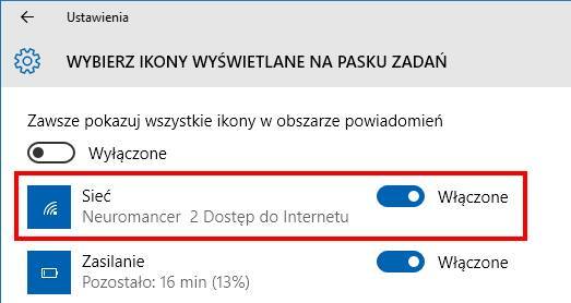 Włączanie ikony sieci