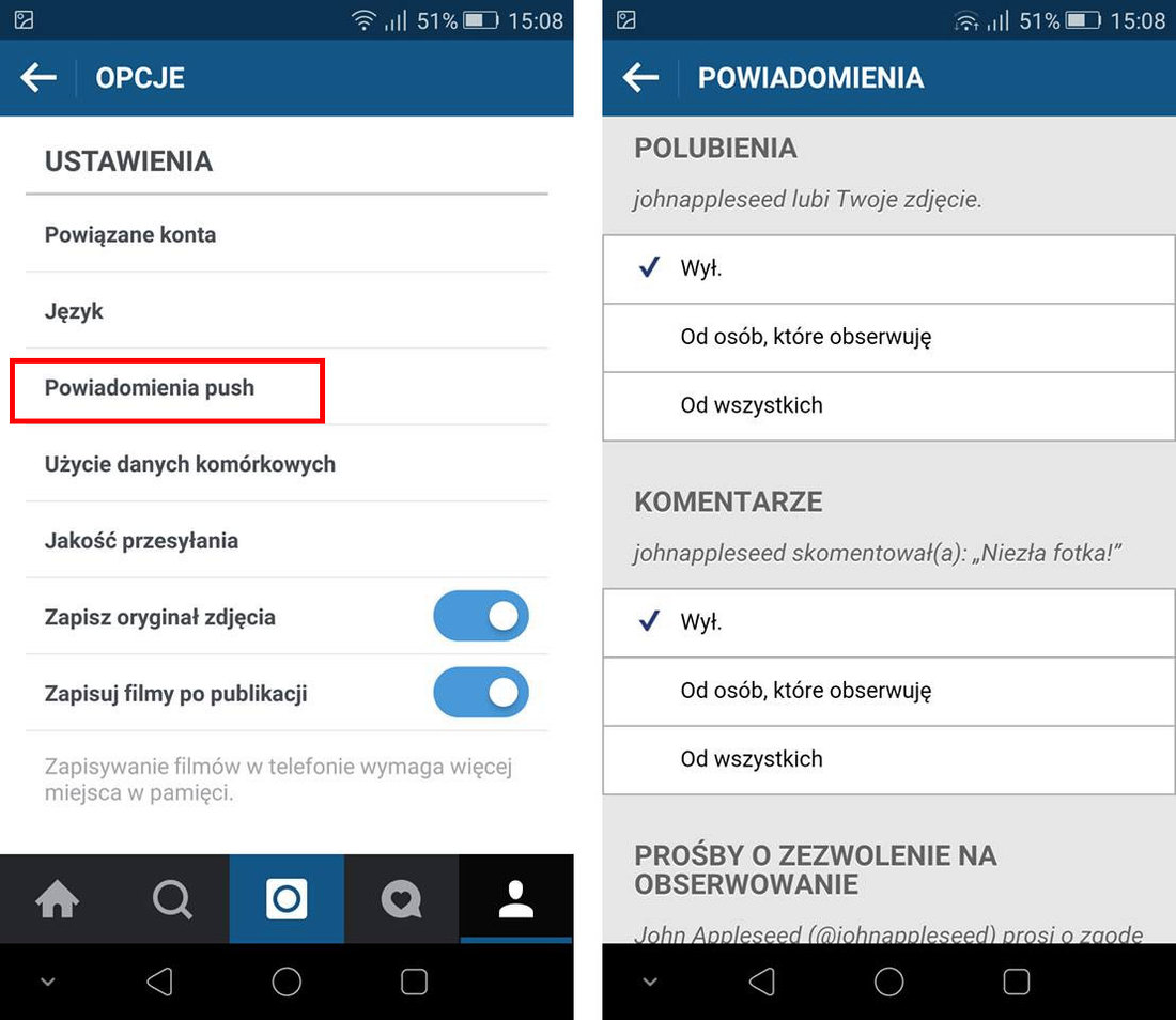 Instagram - opcje powiadomień dla naszego konta