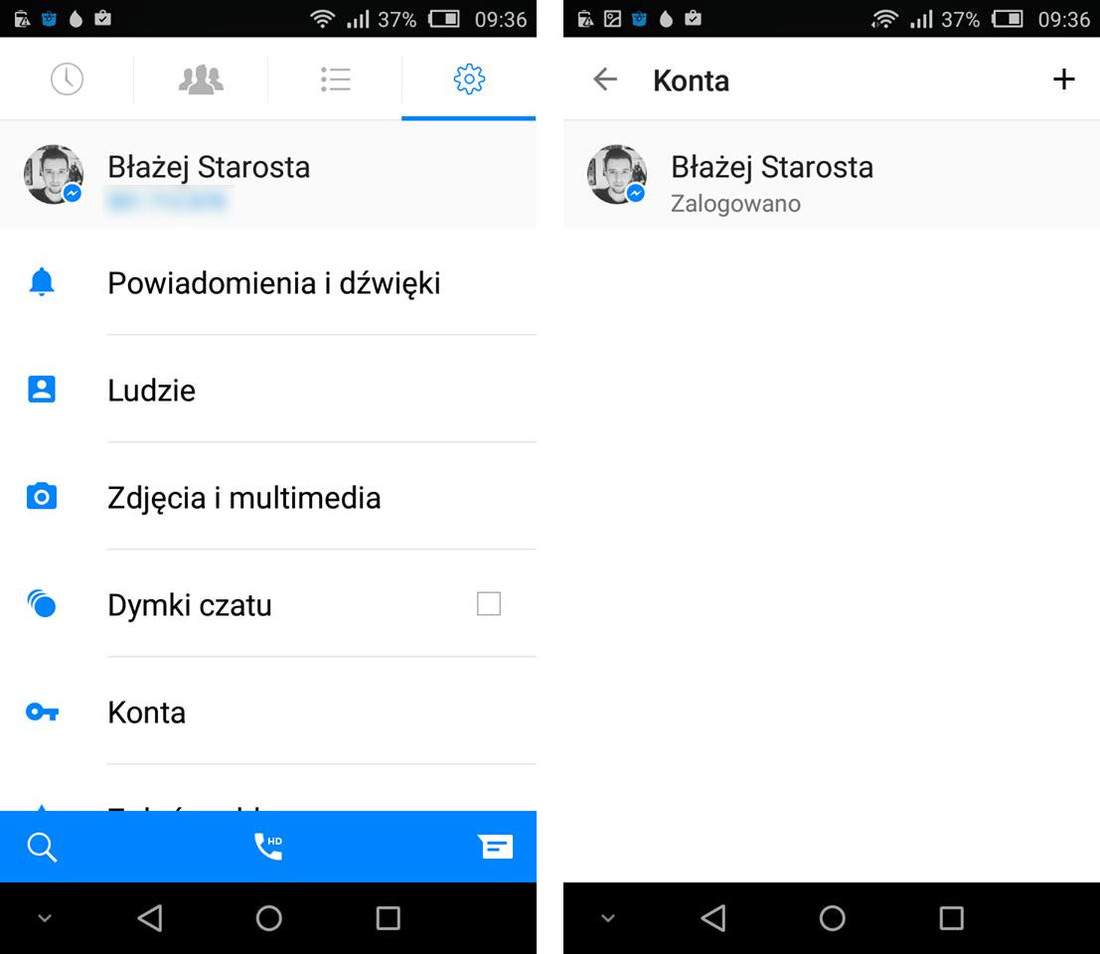 Ustawienia kont - Messenger