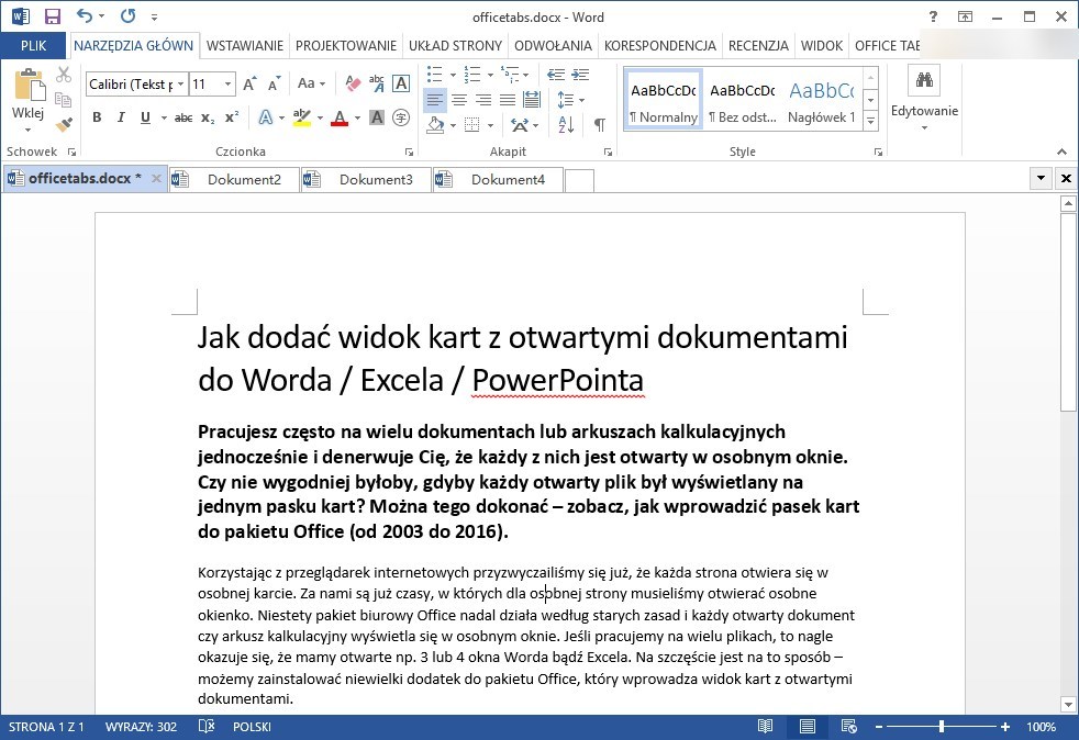 Office Tab po zainstalowaniu w Wordzie 2013