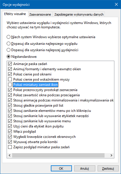 Wyłączanie miniatur ikon