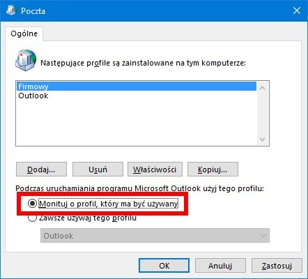 Outlook - opcja monitowania o wybór profilu przy każdym uruchomieniu