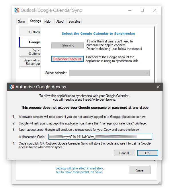 Autoryzacja konta Google w Outlook Google Calendar Sync