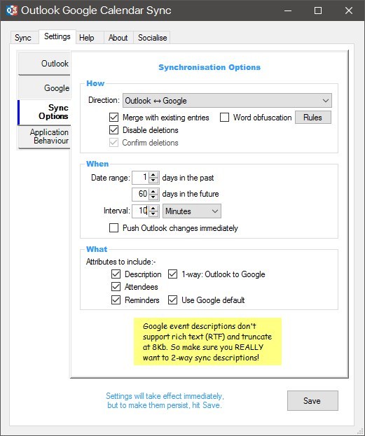 Ustawienia synchronizacji w Outlook Google Calendar Sync