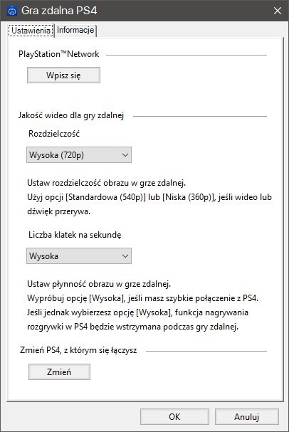 Gra zdalna PS4 - ustawienia jakości