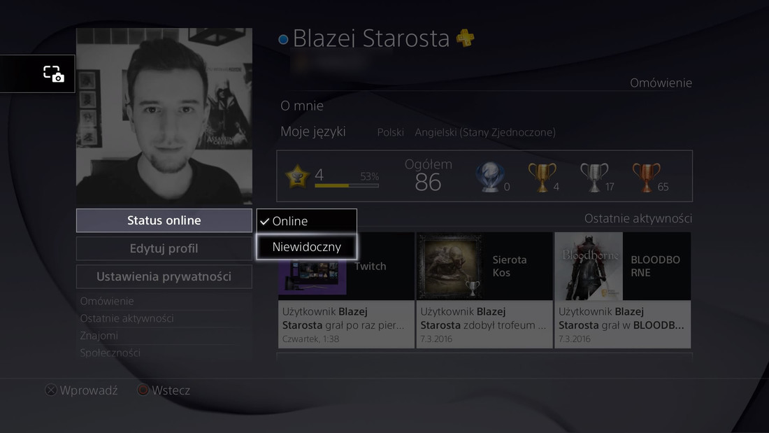 Zmiana statusu na PS4