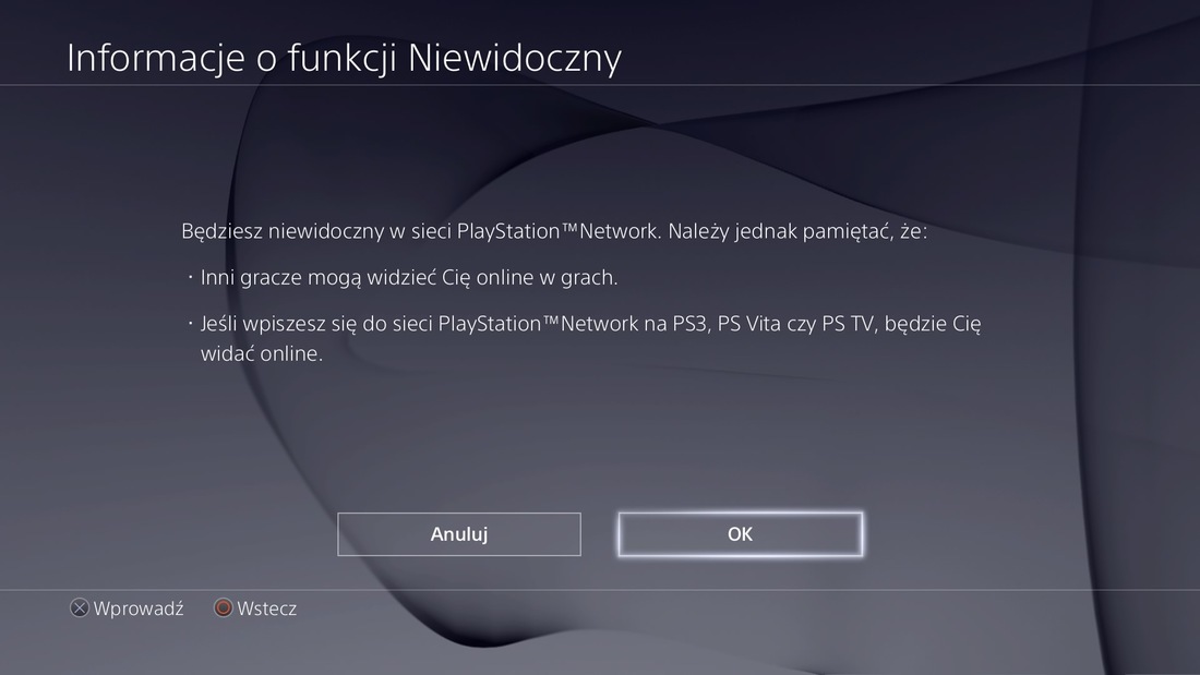 Informacja o statusie niewidocznym w PS4