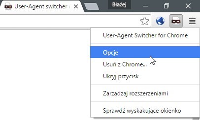 Opcje User Agent Switcher