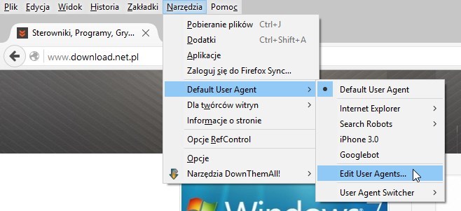 Edytowanie listy w Default User Agent