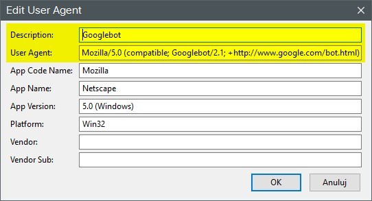 Dodawanie Googlebota to Default User Agent