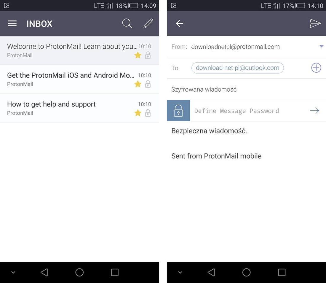 ProtonMail - tworzenie nowej wiadomości na Androidzie