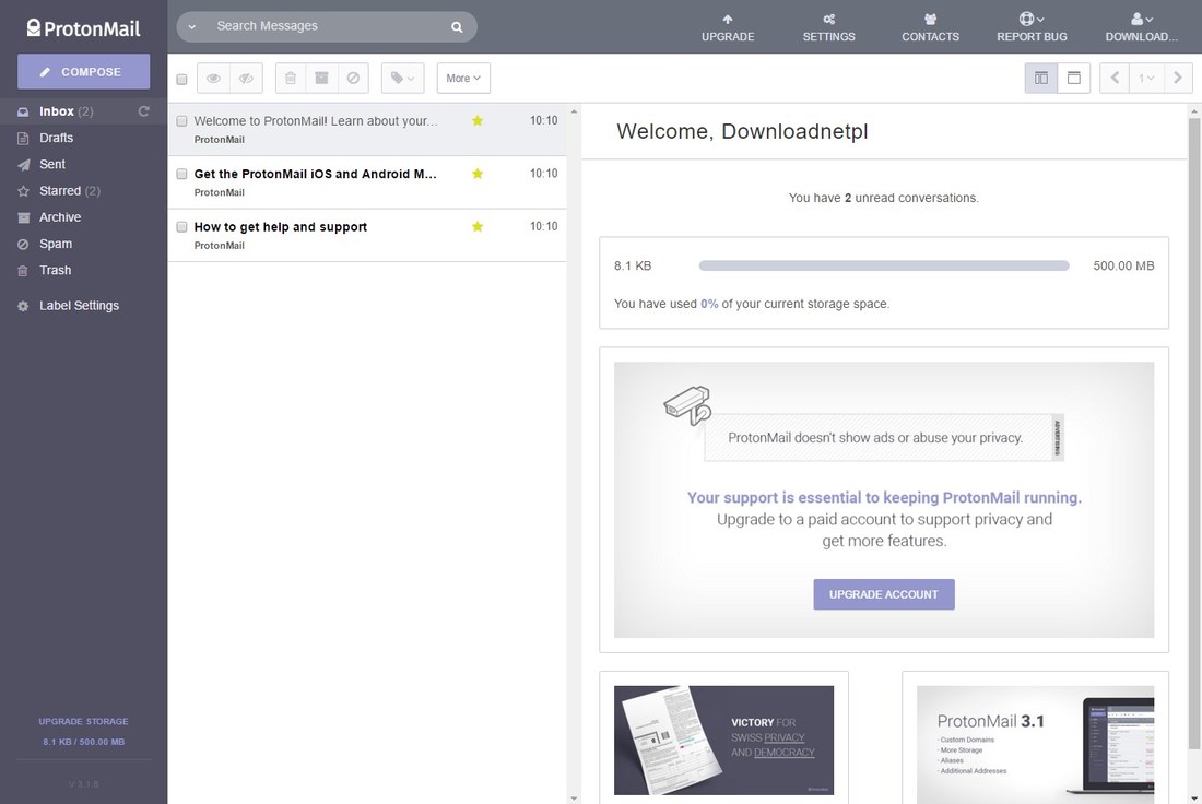 Interfejs WEB w ProtonMail