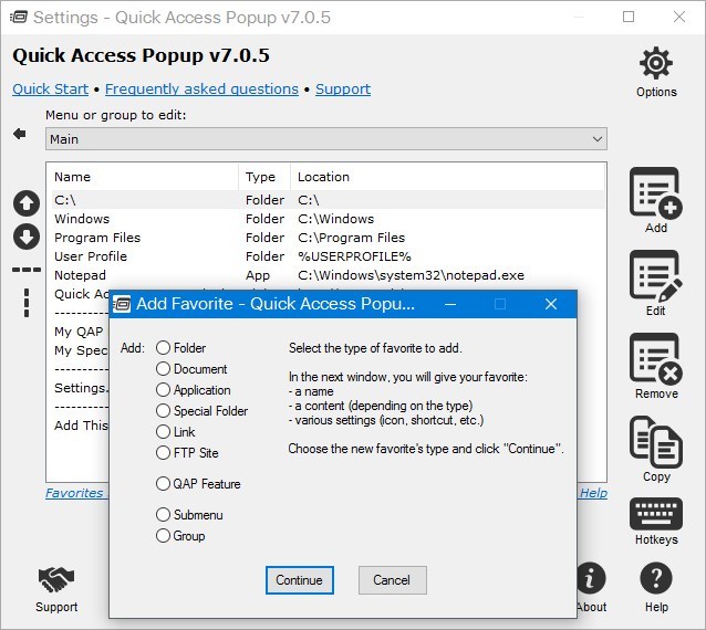 Edycja zawartości Quick Access Popup