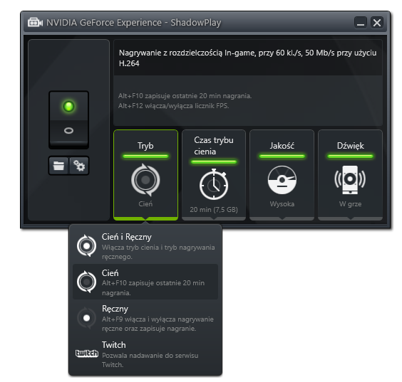Opcje funkcji ShadowPlay