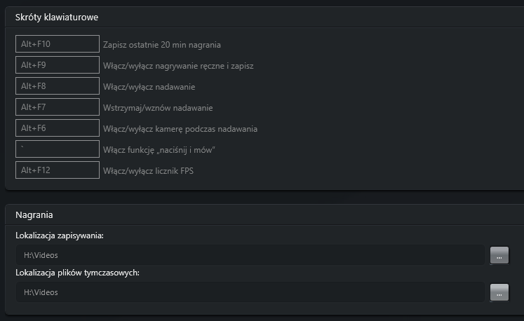 Opcje skrótów klawiszowych i lokalizacji nagrania - ShadowPlay