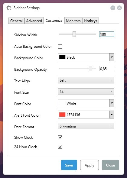 Sidebar Settings - opcje wyglądu