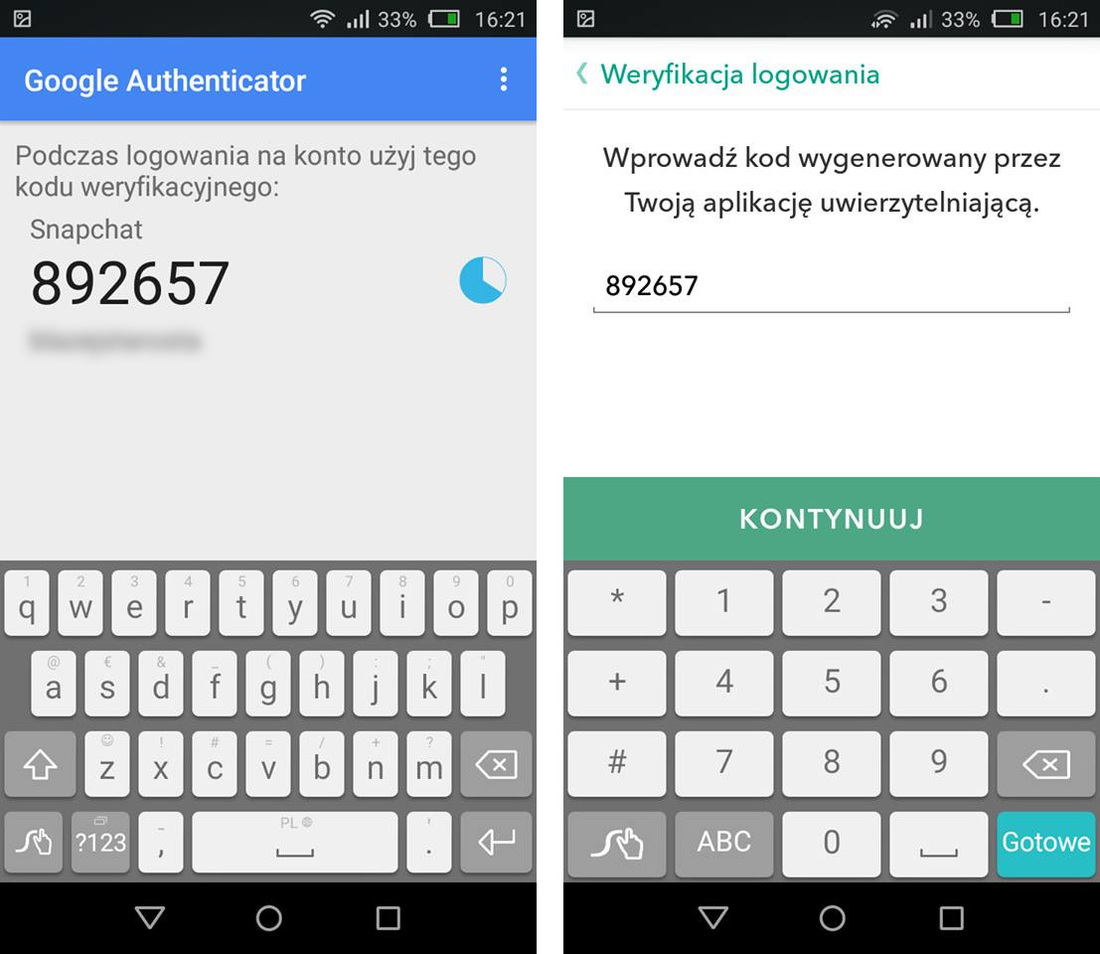 Parowanie Snapchata z Google Authenticatorem