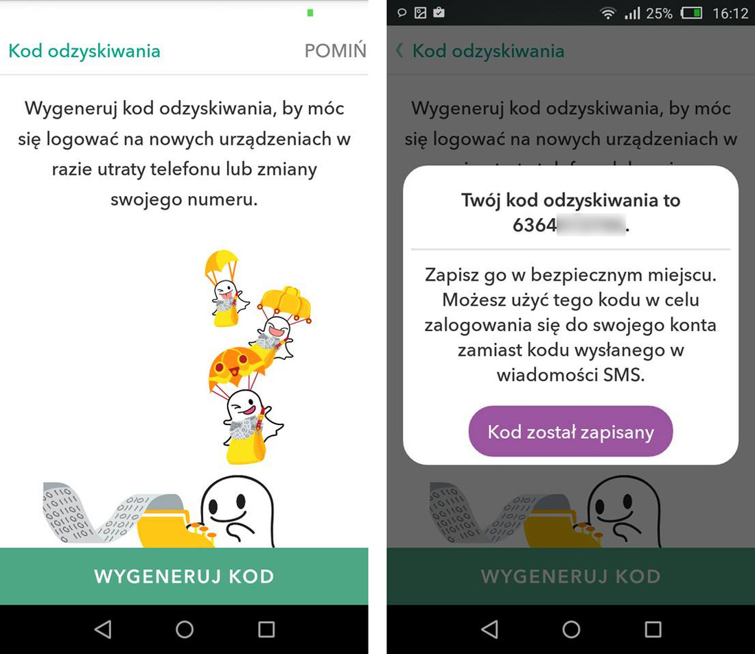 Snapchat - tworzenie kodu odzyskiwania