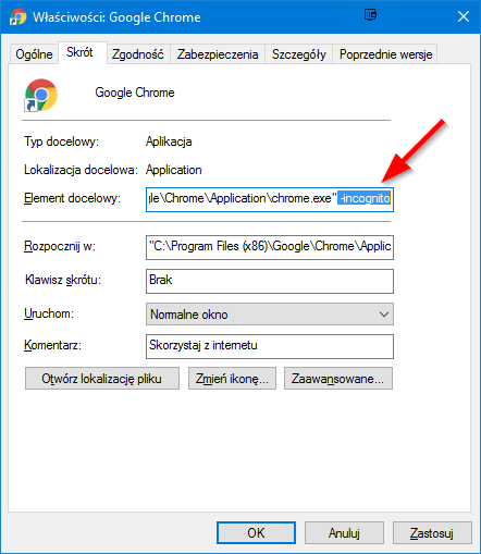 Zmiana opcji skrótu Chrome