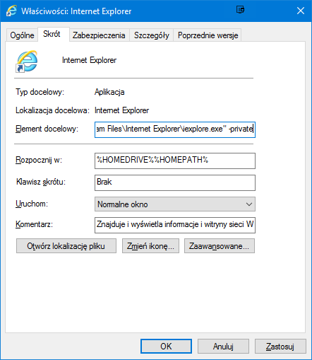 Ustawienia skrótu Internet Explorer