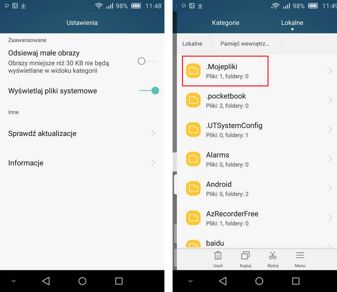 Wyświetlanie systemowych plików w Androidzie