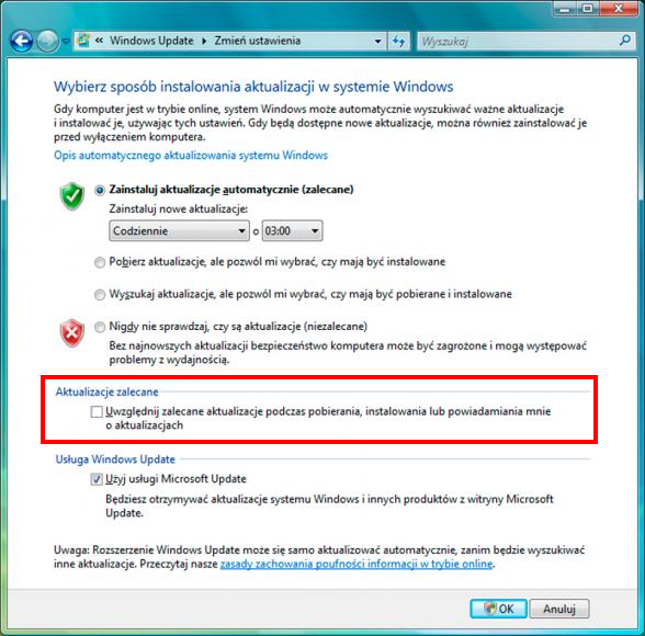Zmiana ustawień Windows Update w Windows 7
