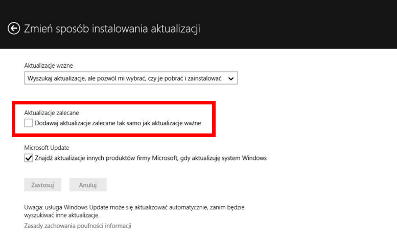 Zmiana ustawień Windows Update w Windows 8.1