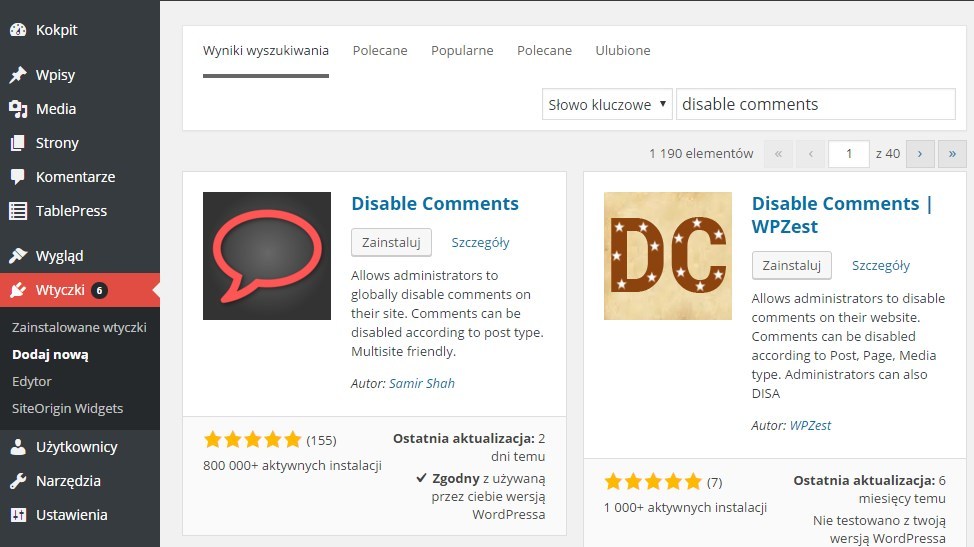 Wyszukiwanie dodatku Disable Comments
