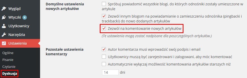 Wyłączanie komentarzy w ustawieniach dyskusji - Wordpress