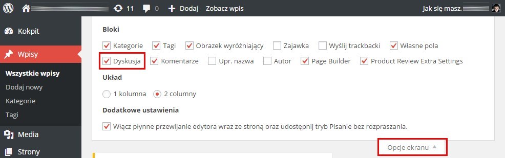 Włączenie panelu dyskusji w edytorze artykułu