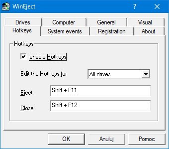 WinEject - skróty klawiszowe