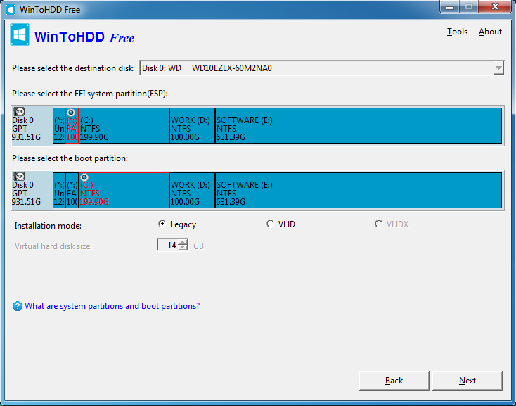 WinToHDD - wybór partycji EFI i systemowej