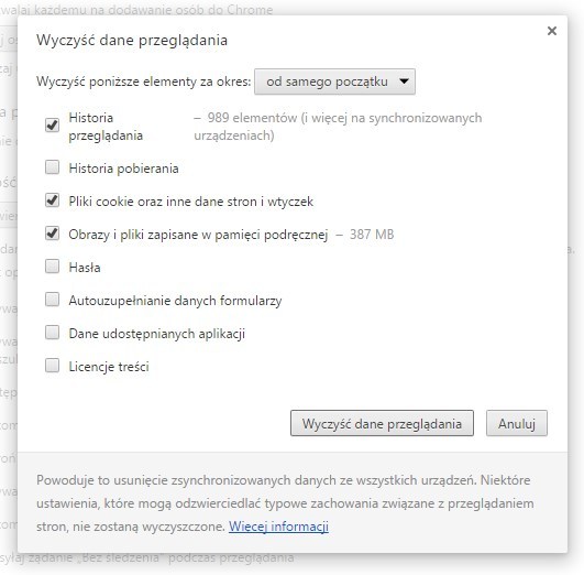 Chrome - czyszczenie danych przeglądania