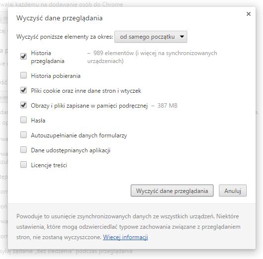 Chrome - czyszczenie danych przeglądania