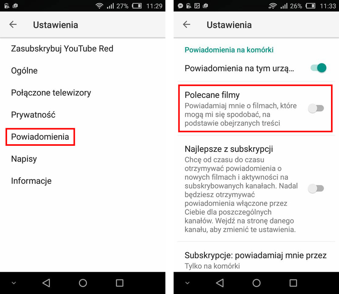 Ustawienia powiadomień w YouTube