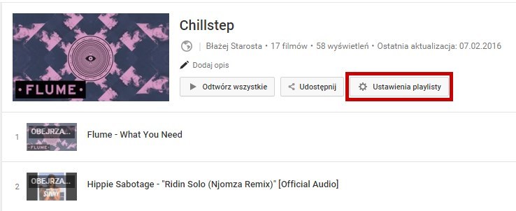 Szczegóły playlisty w YouTube